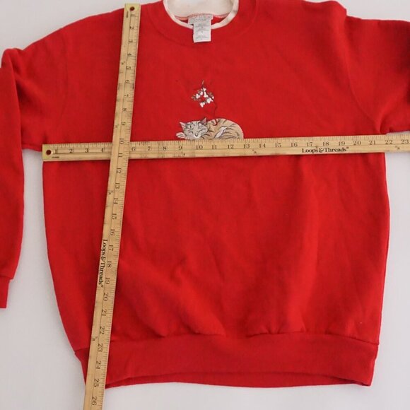 Vintage Top Stitch Morning Sun Red Embroidered Sleeping Kitten Crew Sweater L - Picture 4 of 10